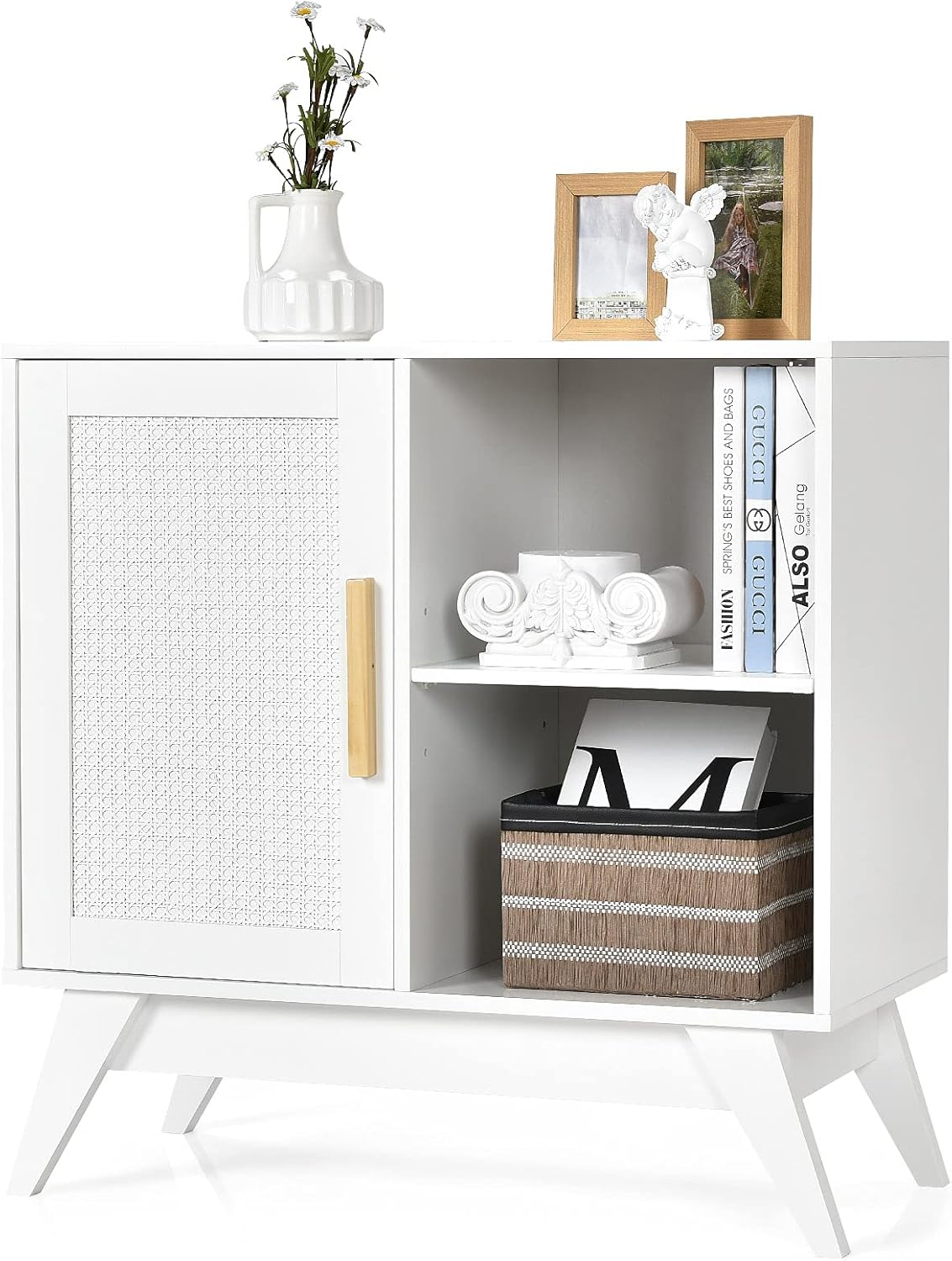 White Free Standing Storage Cabinet with Rattan Door B85580