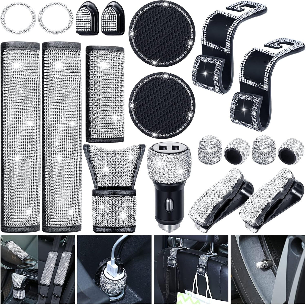 19 Pcs Bling Car Accessories Set (White) E453