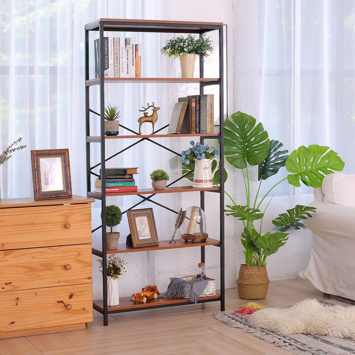 Industrial 5 Shelf Metal and Wooden Bookshelf J18254