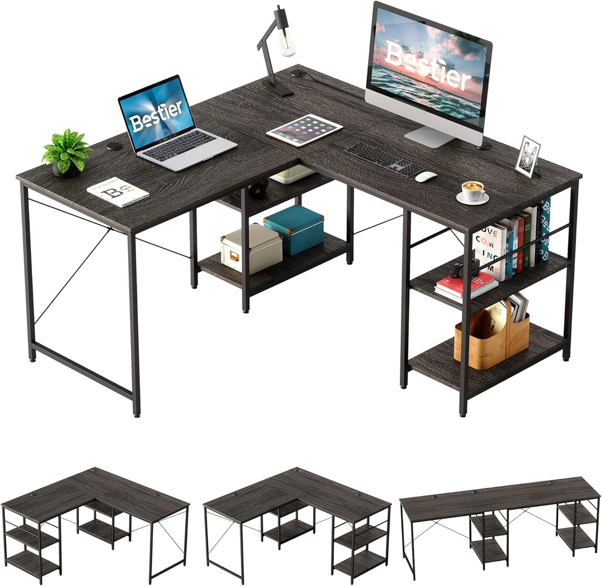 L Shaped Gaming Desk with Shelves 95.2 Inch Reversible Corner Computer Desk B560953