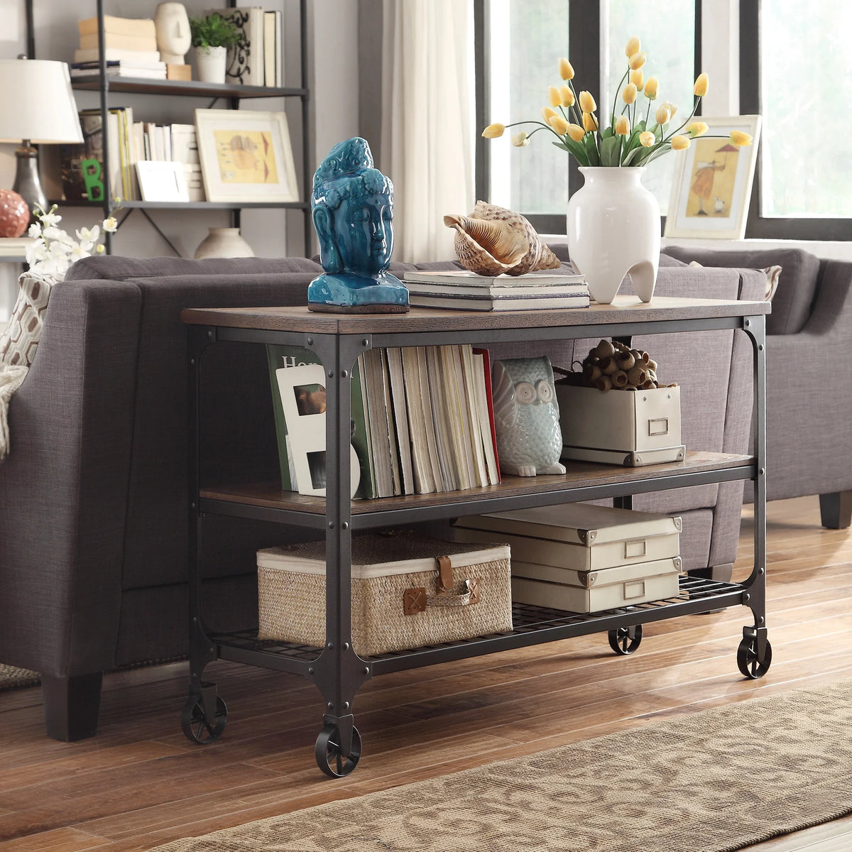 Industrial Wood and Metal Console Table with Wheels A758505