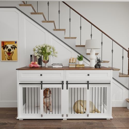 White Wooden Dog Crate Furniture with 2 Storage Drawers R837766