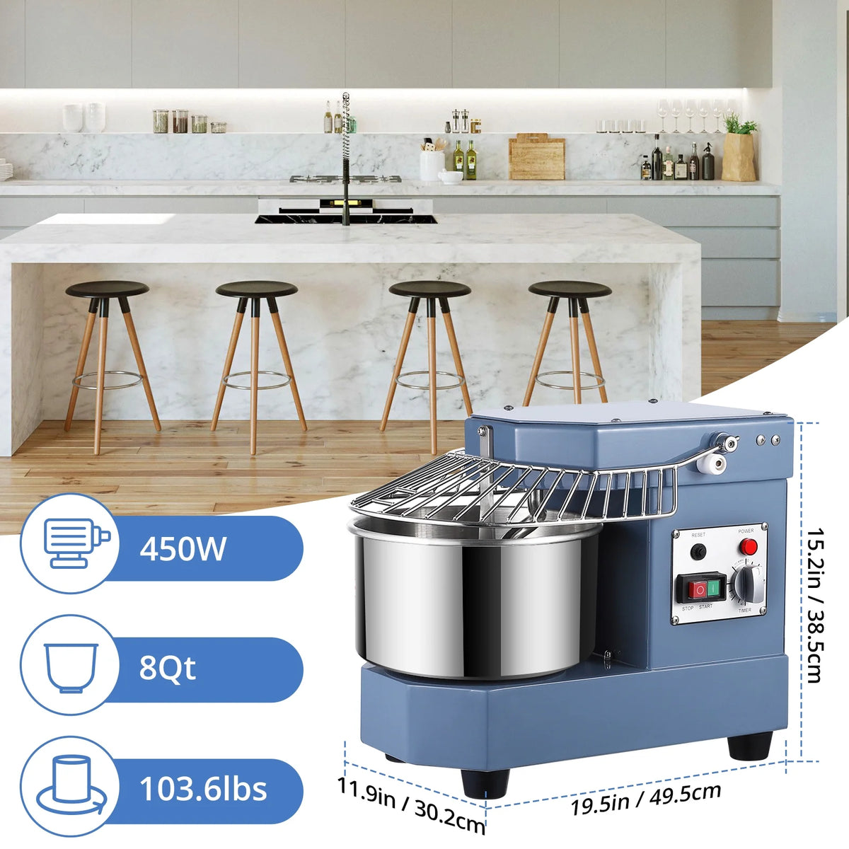 Commercial Dough Mixer, 8Qt Capacity, 450W Dual Rotating Dough Kneading Machine with Stainless Steel Bowl, Safety Shield, 110V N36888