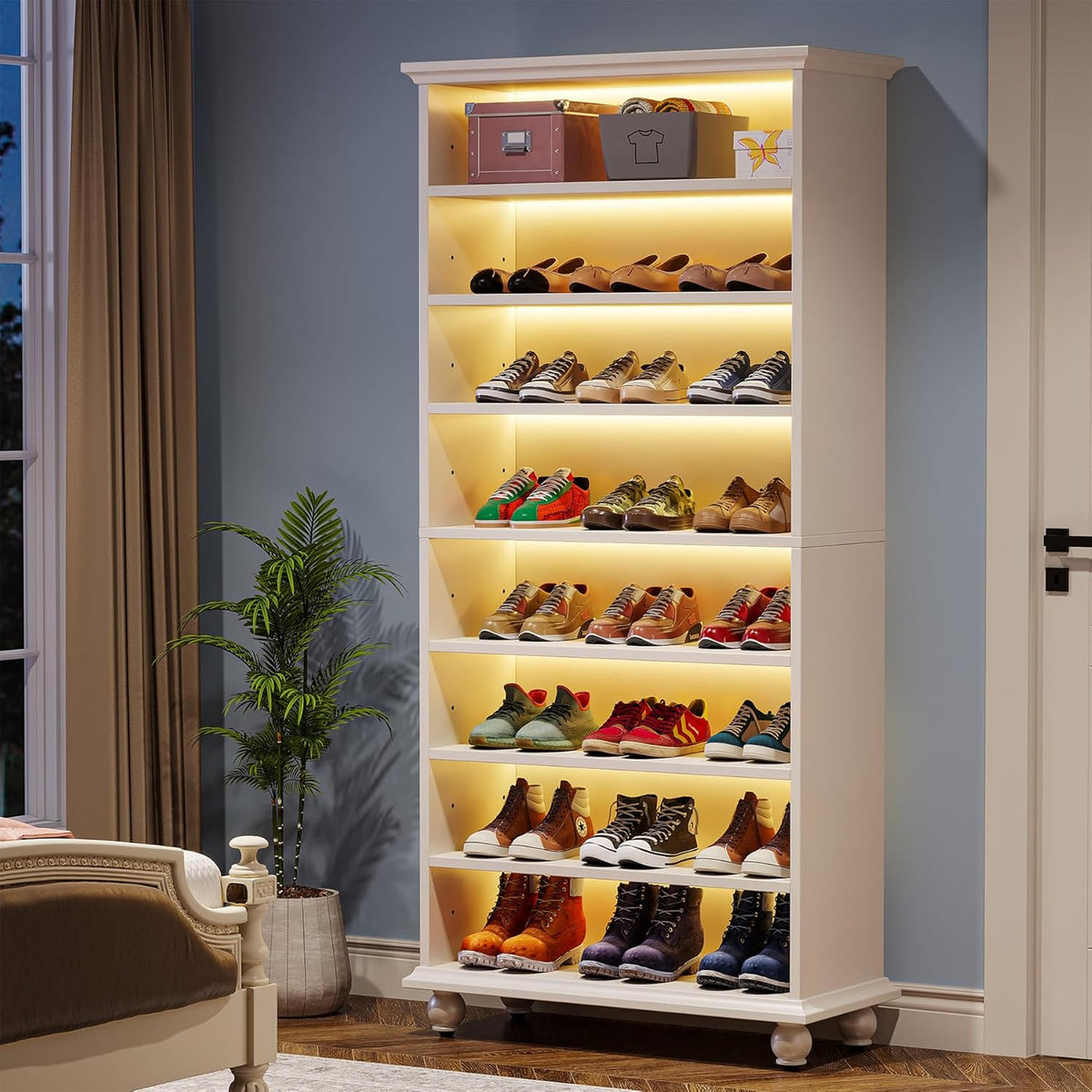 White 9-Tier 30 Pairs Shoe Storage Cabinet with Solid Wood Legs I37790