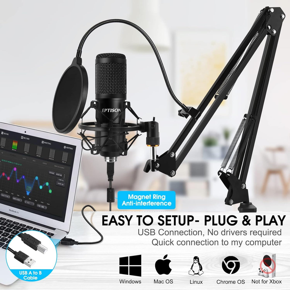 192kHZ/24bit USB Cardioid Condenser Microphone Kit with Boom Arm, Shock Mount, Pop Filter, Pack of 2 Y338715