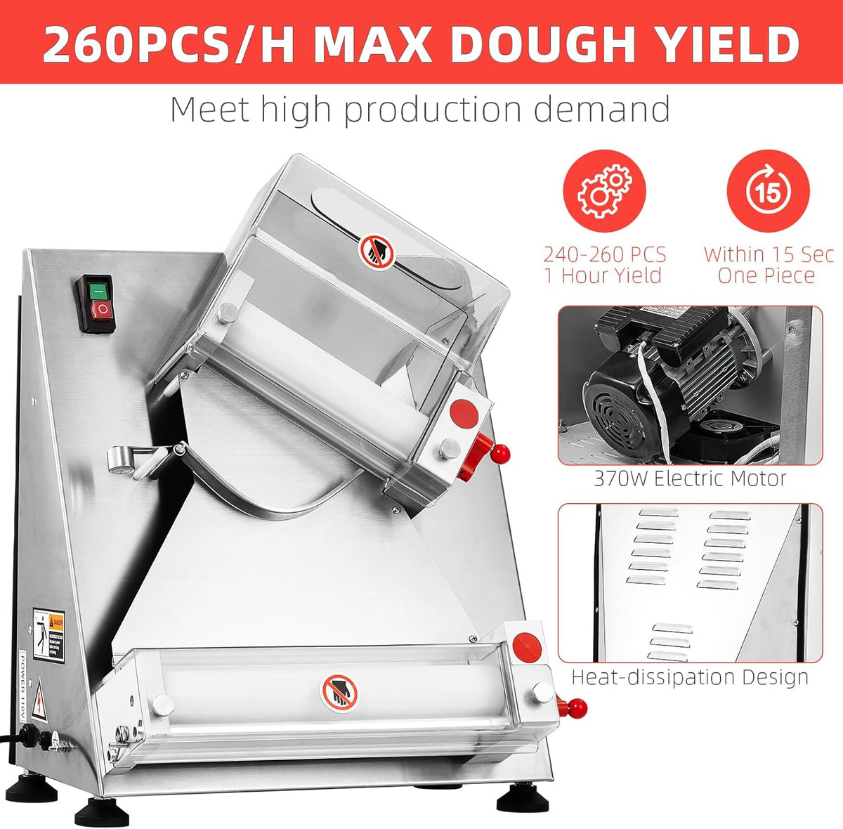 Commercial Pizza Dough Roller Sheeter, Max 12", Automatic 370W Electric, Stainless Steel D25651