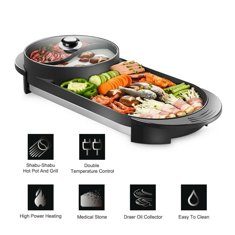 2 in 1 Portable Electric Hot Pot Barbecue Grill Non-Stick Pan N714732