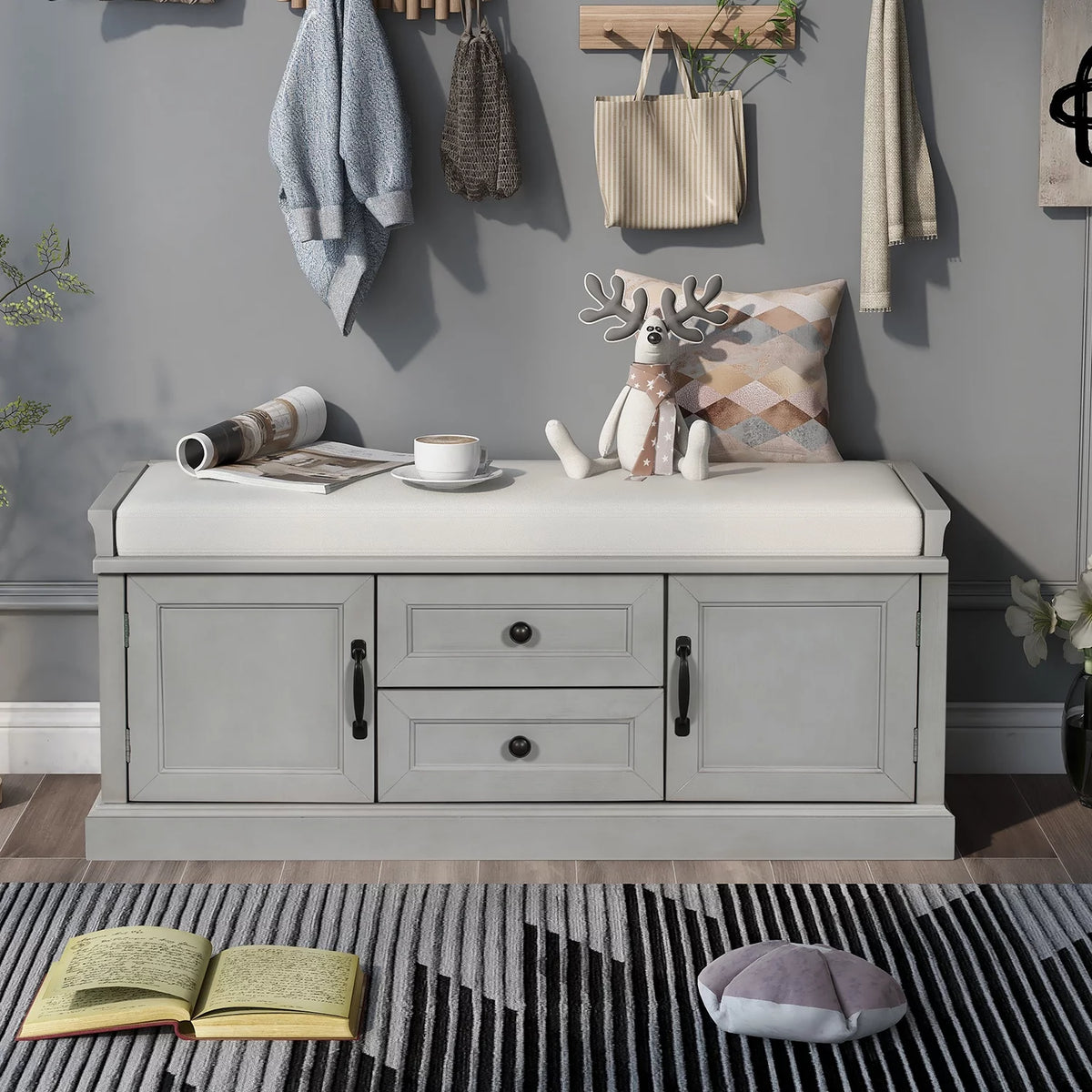 Wooden Storage Bench with 2 Drawers and 2 Cabinets C28962