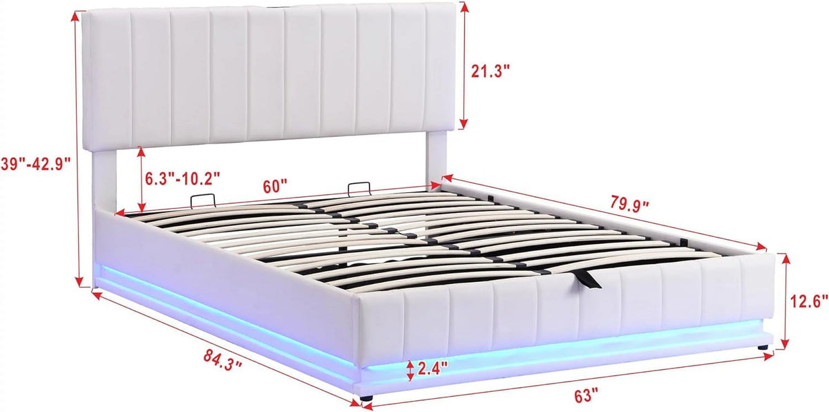 White PU Leather Queen Lift Up Storage Bed Frame with LED Light E805
