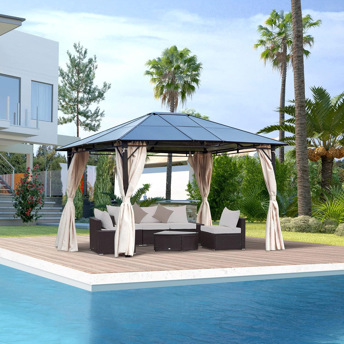10x12 Hardtop Gazebo with Metal Frame, Polycarbonate Canopy with Curtains X850872