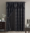 Black Jacquard Window Curtain Panels Set with Attached Valance N91943