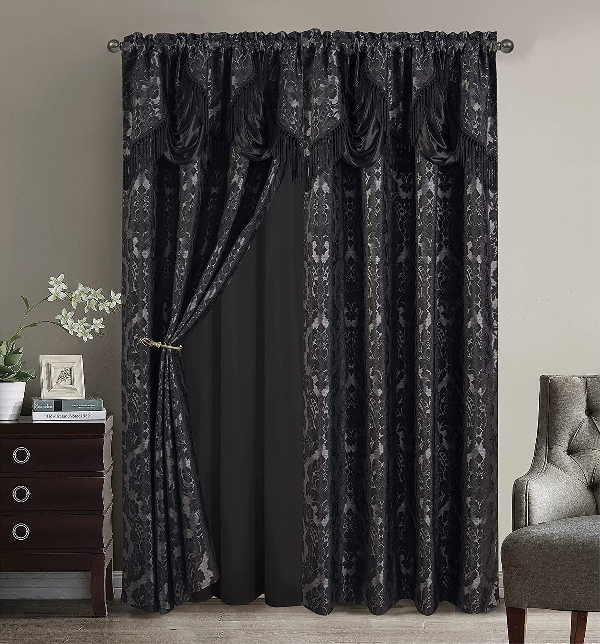 Black Jacquard Window Curtain Panels Set with Attached Valance N91943