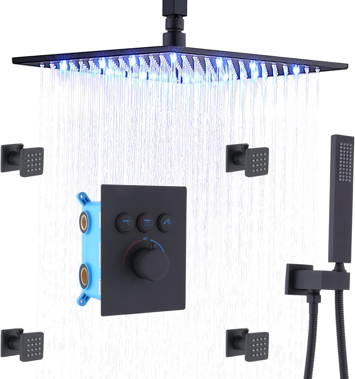 12 Inch Ceiling Rain Shower Head Combo System with 4 pcs Body Jets and Handheld Shower Faucet Fixture Set (Matte Black) A235