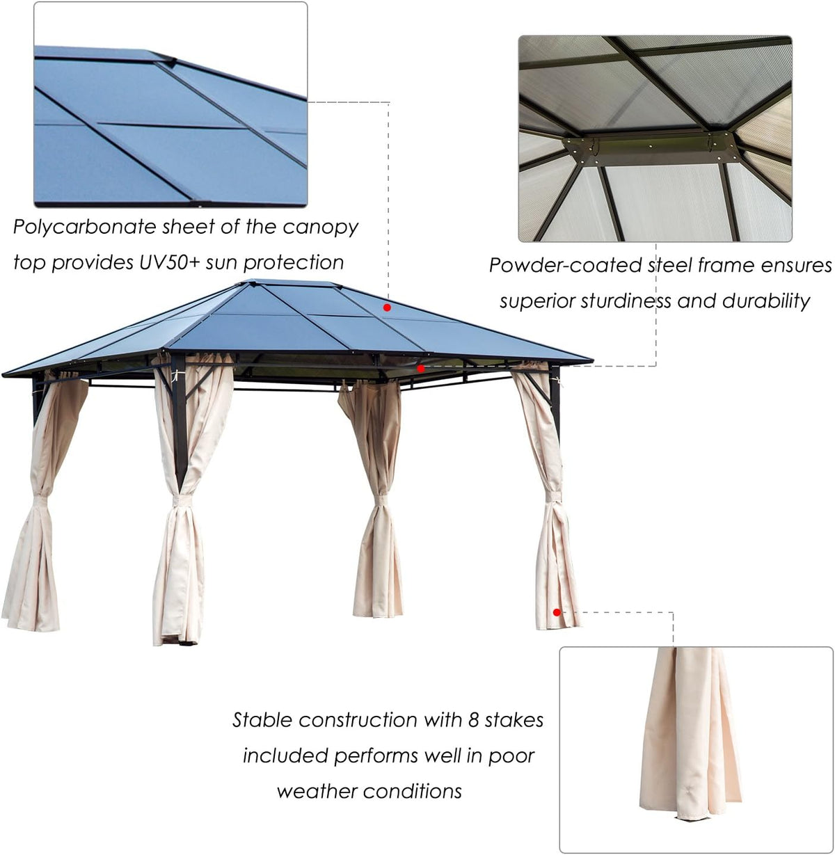 10x12 Hardtop Gazebo with Metal Frame, Polycarbonate Canopy with Curtains X850872