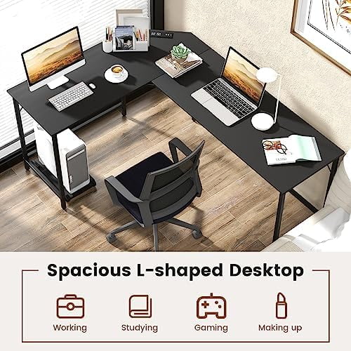 L-Shaped Office Desk with Power Outlets USB Ports Metal Frame E998993