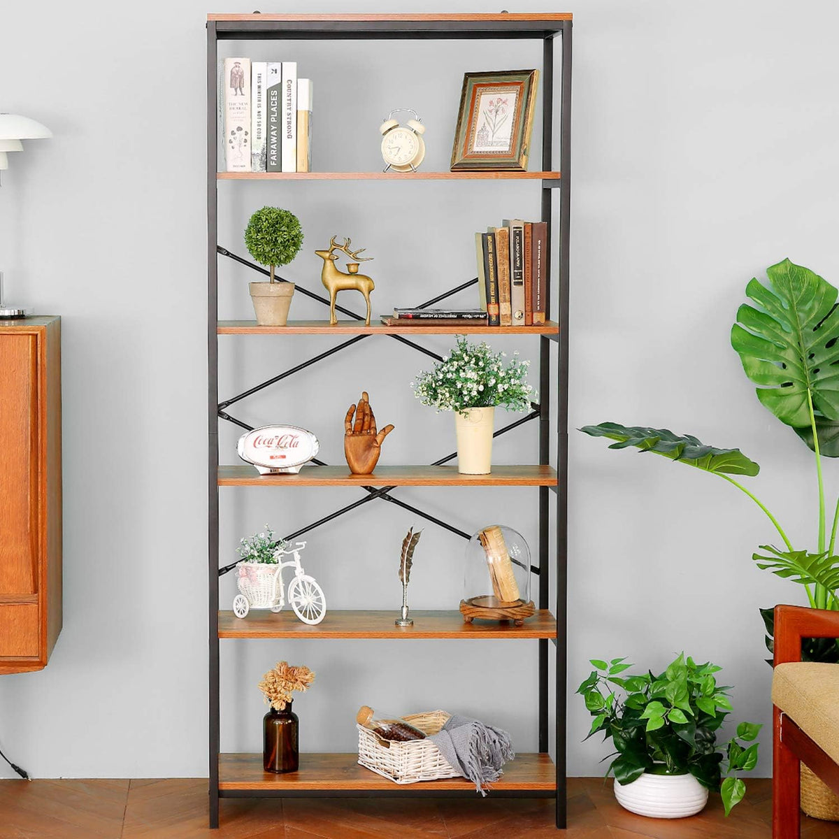 Industrial 5 Shelf Metal and Wooden Bookshelf J18254
