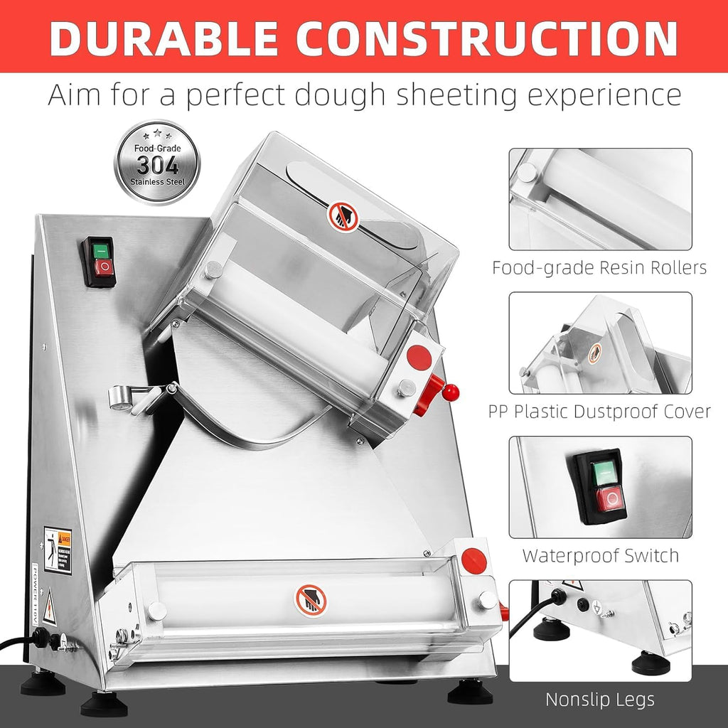 Commercial Pizza Dough Roller Sheeter, Max 12", Automatic 370W Electric, Stainless Steel D25651