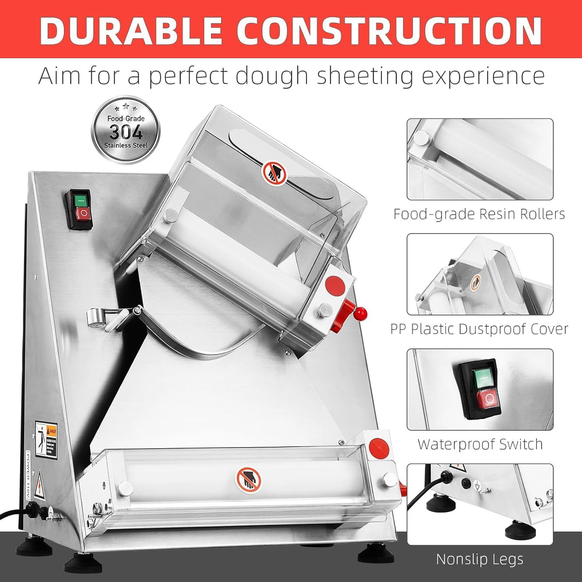 Commercial Pizza Dough Roller Sheeter, Max 12", Automatic 370W Electric, Stainless Steel D25651