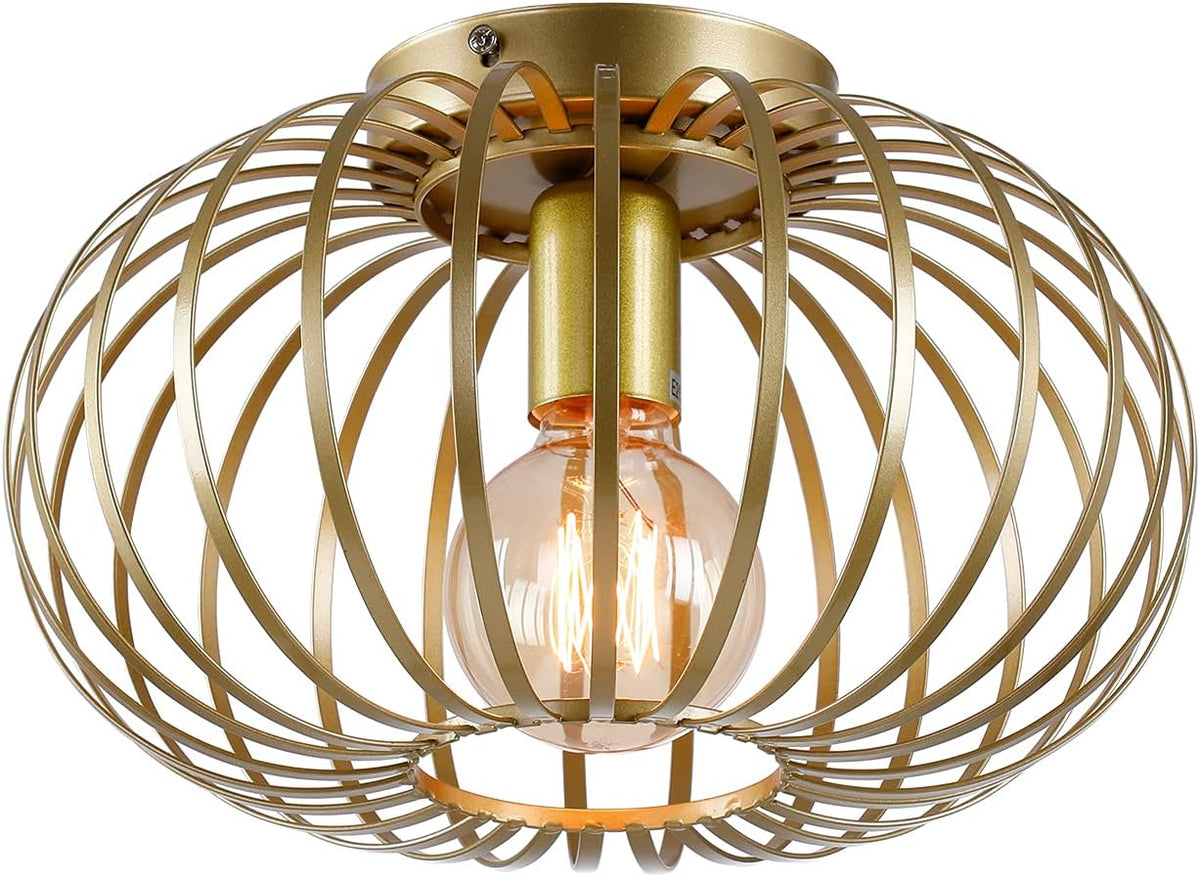 Industrial Semi-Flush Mount Metal Cage Ceiling Light Fixture Gold N38540