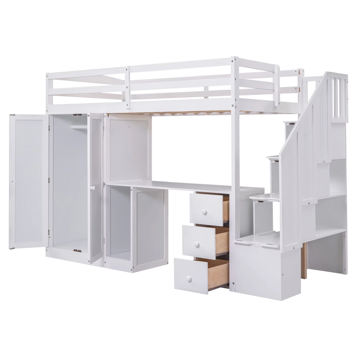 Twin Size White Wood Loft Bed with Wardrobe and Desk X88709