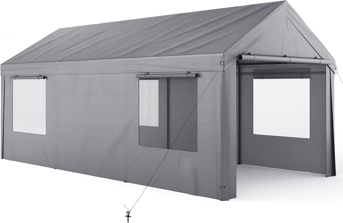 10x20ft Heavy Duty Carport with Removable Sidewalls & Doors, Beige O493220