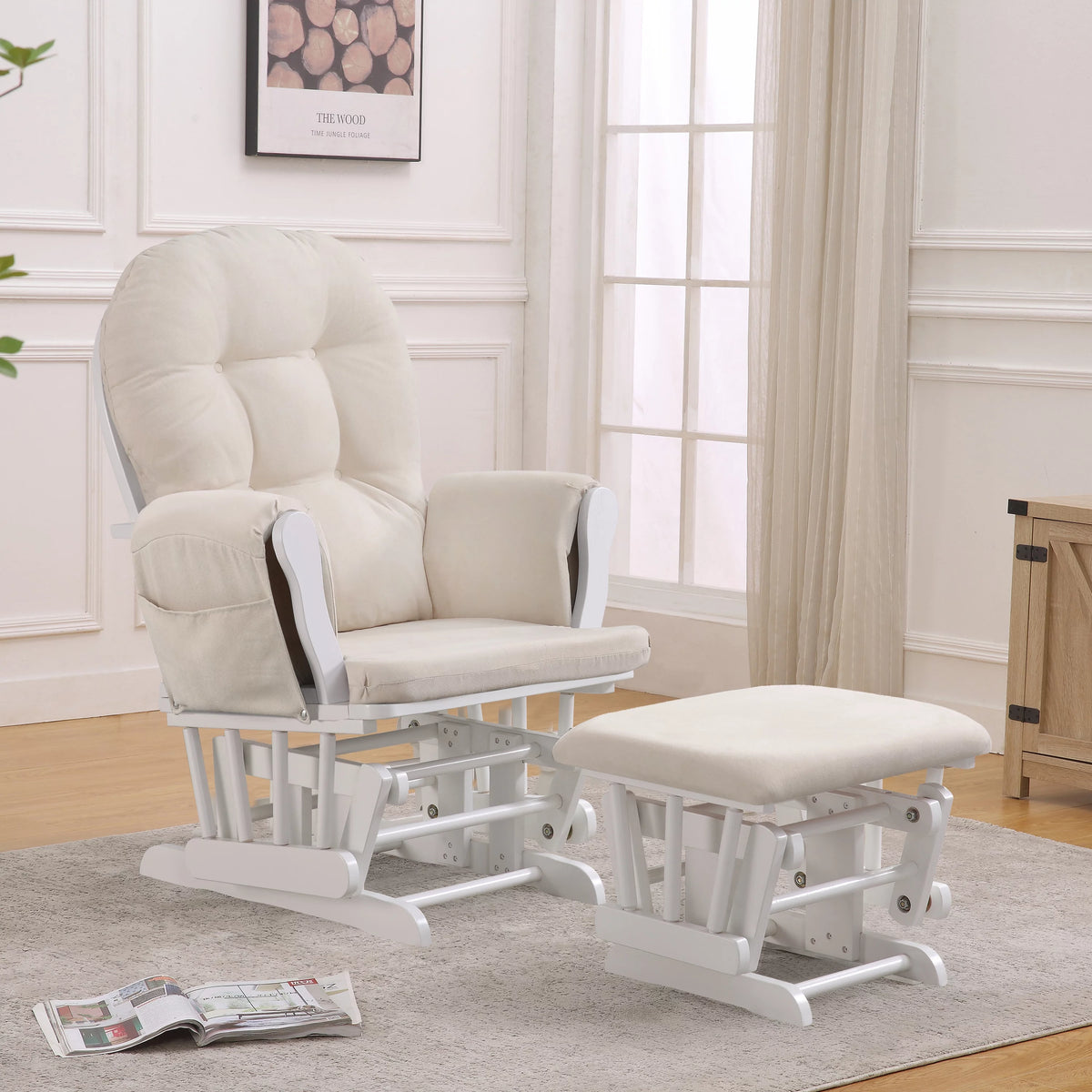 White Glider with Ottoman and Beige Cushions E288