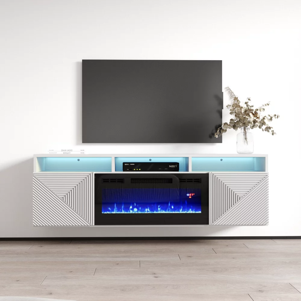 High Gloss Floating Fireplace TV Stand with Storage Cabinets and LED Lights D47076