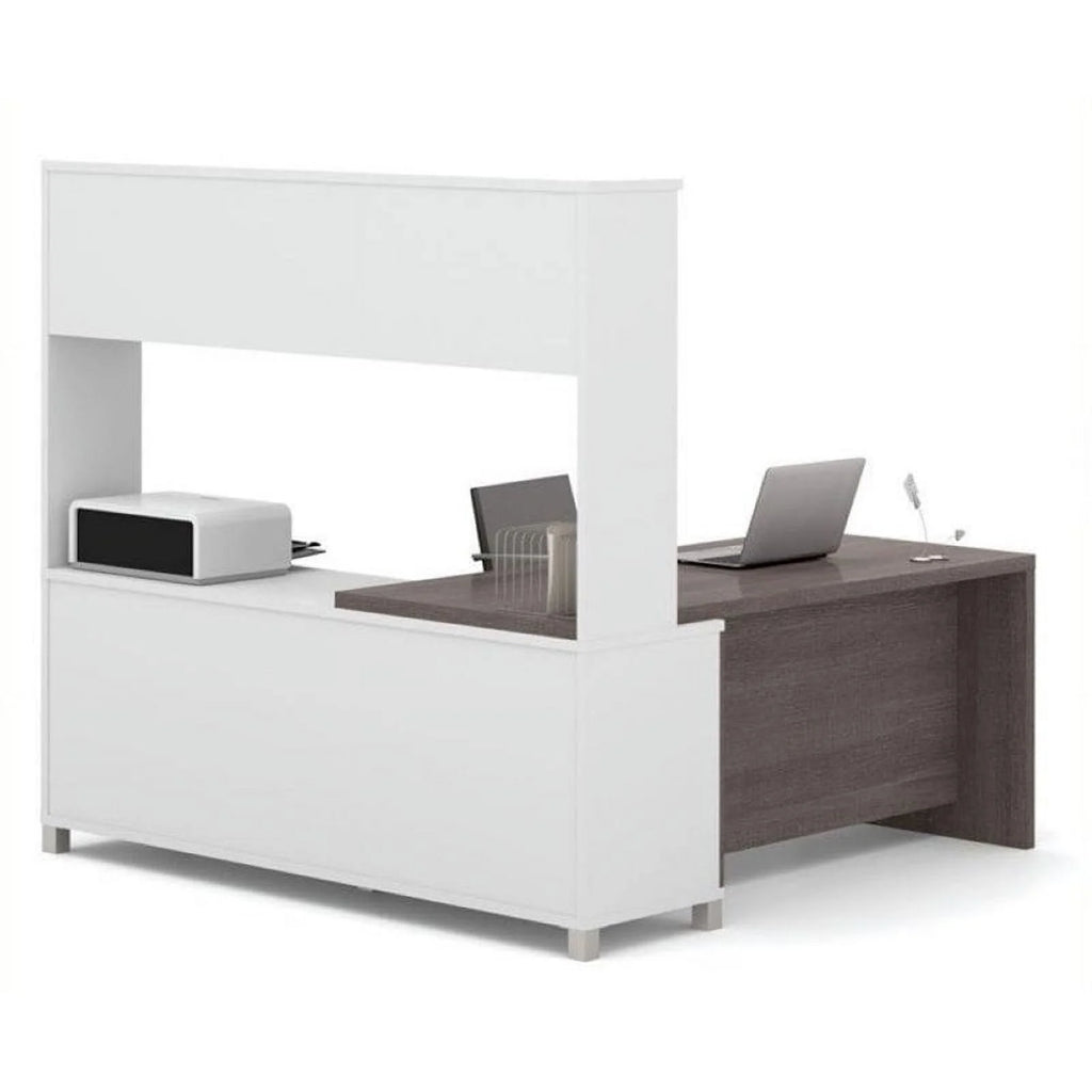 L-Desk with Hutch in White and Bark Gray X878