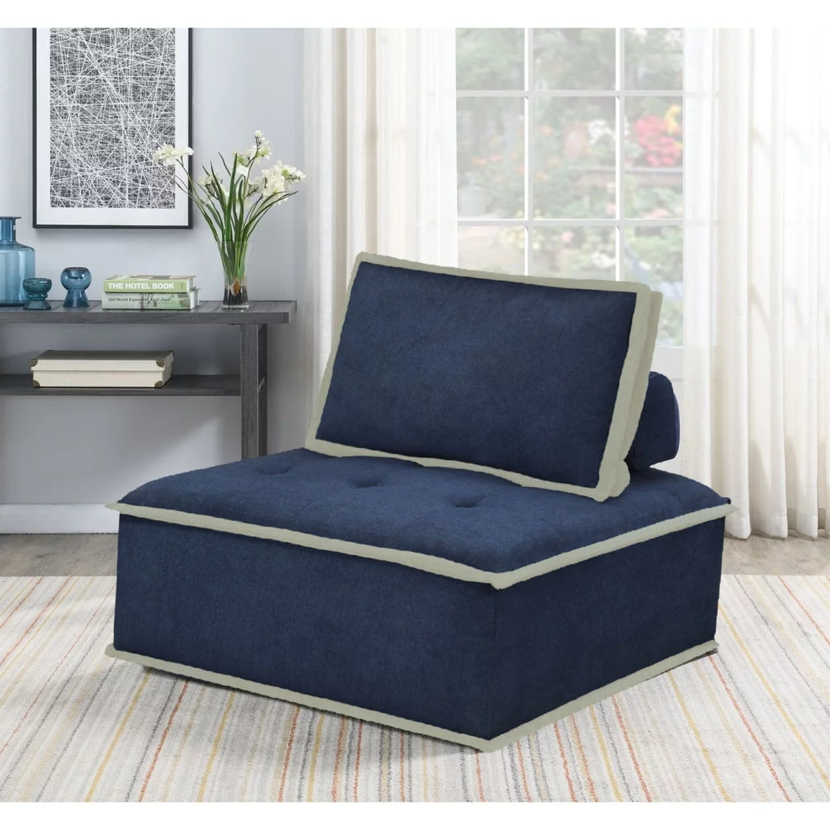 Navy Blue And Cream Fabric Armless Accent Chair C13888