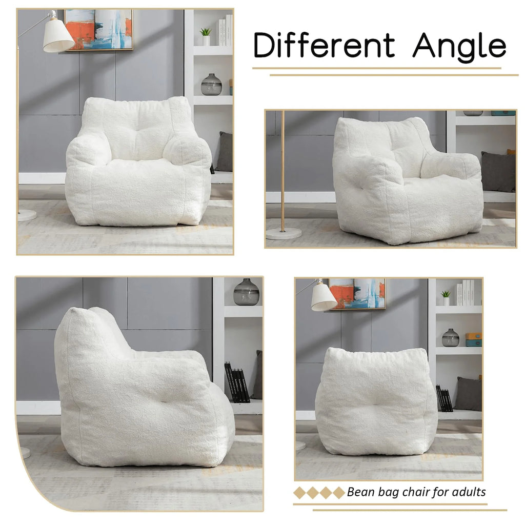White Tufted Teddy Fabric Bean Bag Sofa with Armrest N38055