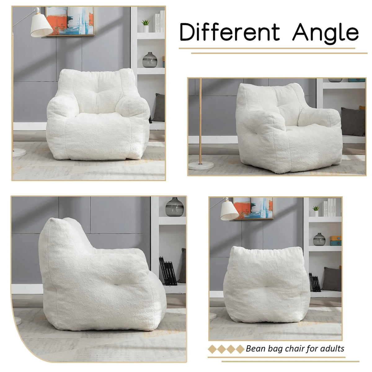White Tufted Teddy Fabric Bean Bag Sofa with Armrest N38055