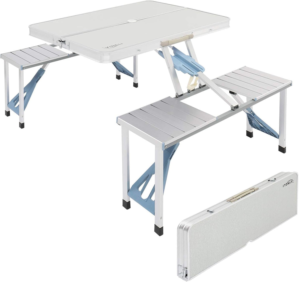 Folding Camping Picnic Table with 4 Seats with Patio Umbrella Hole, Portable Table Aluminum Alloy Frame T4582
