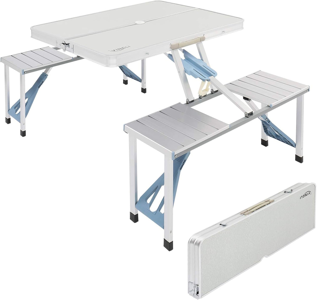 Folding Camping Picnic Table with 4 Seats with Patio Umbrella Hole, Portable Table Aluminum Alloy Frame T4582