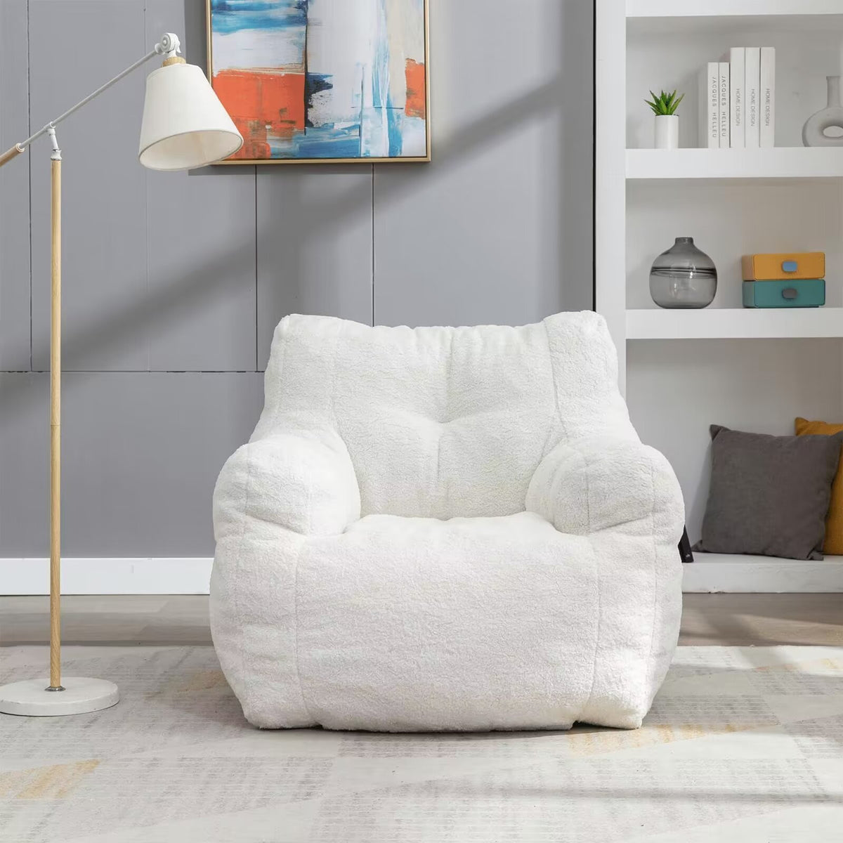 White Tufted Teddy Fabric Bean Bag Sofa with Armrest N38055