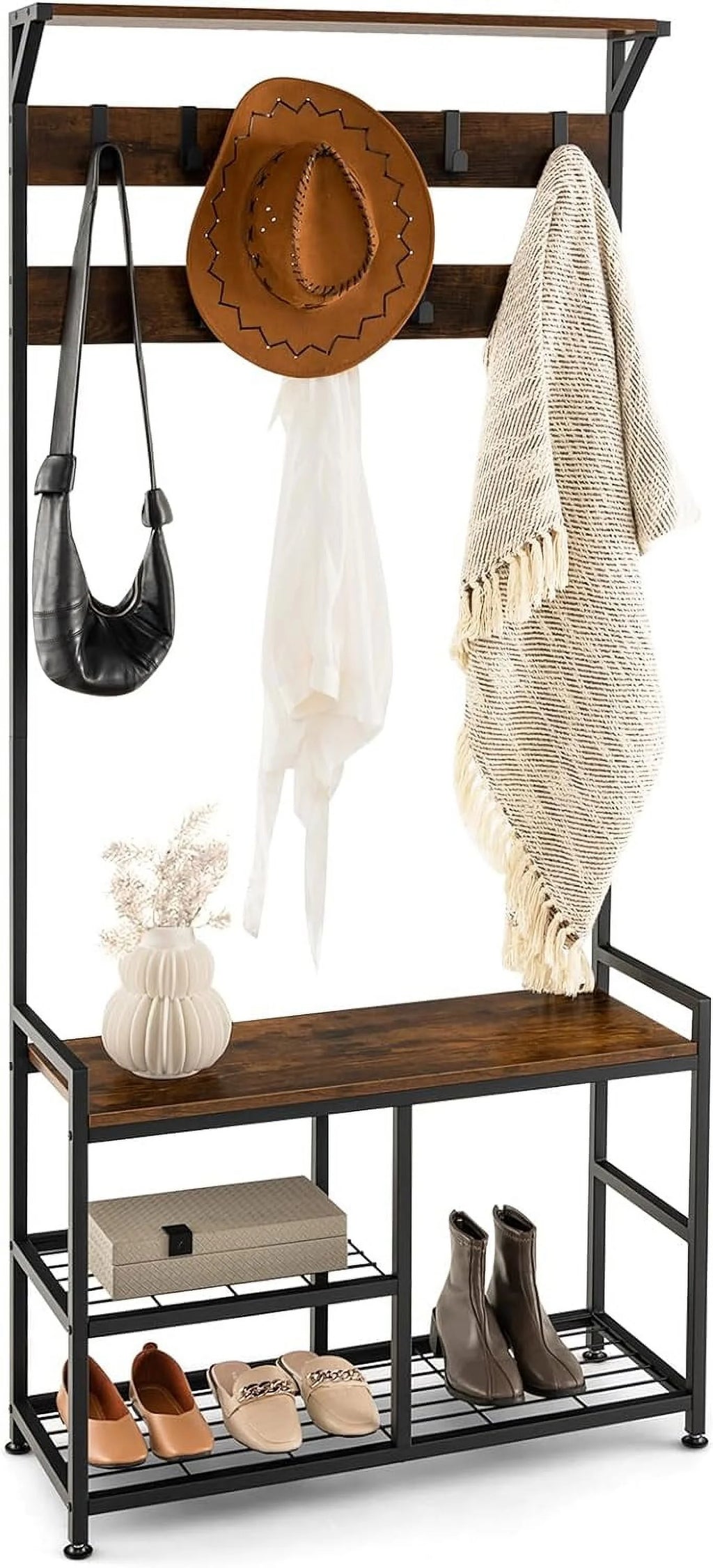 Coat Rack Shoe Bench 3-Tier with 9 Hanging Hooks X23396