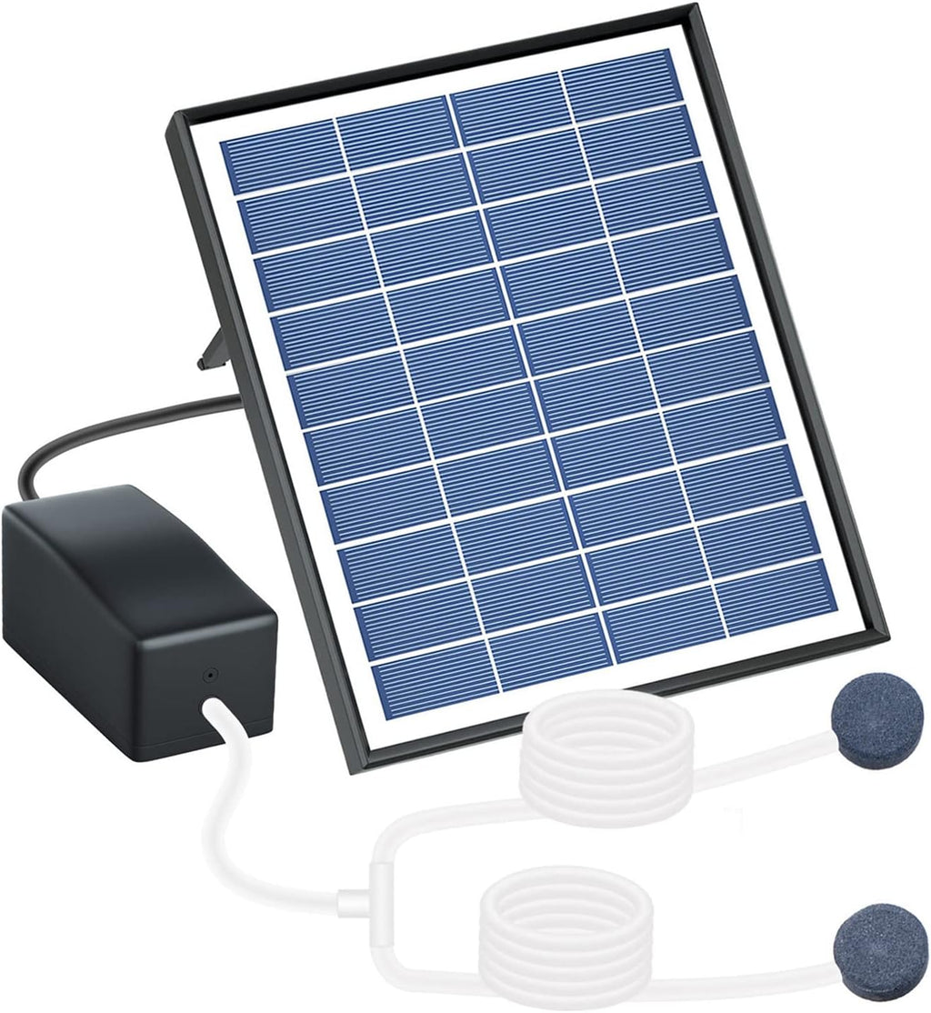 Solar Air Pump Aerator for Fish Pond, 6W, 10 ft Cable, 8.2 ft Hose, 13 GPH, 2 Bubble Stones, 7.1 x 11 in Solar Panel B3192