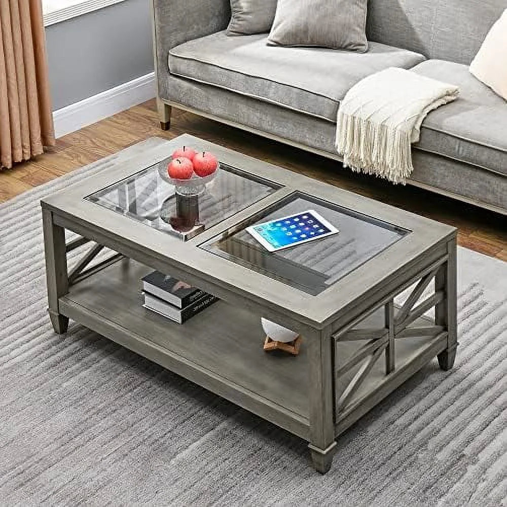 Solid Wood Coffee Table with Glass Top I87817