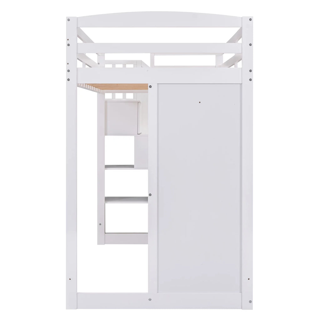 Twin Size White Wood Loft Bed with Wardrobe and Desk X88709
