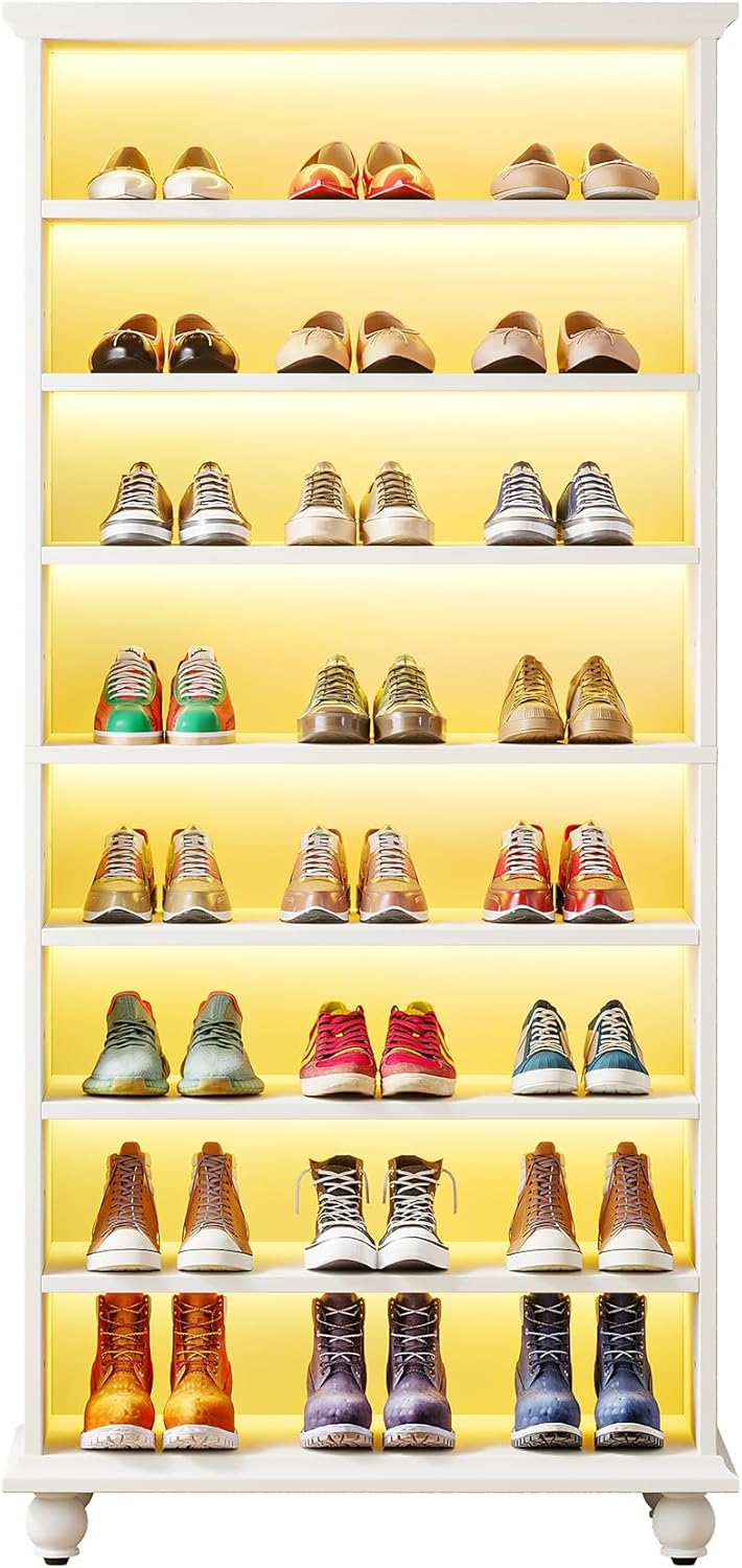 White 9-Tier 30 Pairs Shoe Storage Cabinet with Solid Wood Legs I37790