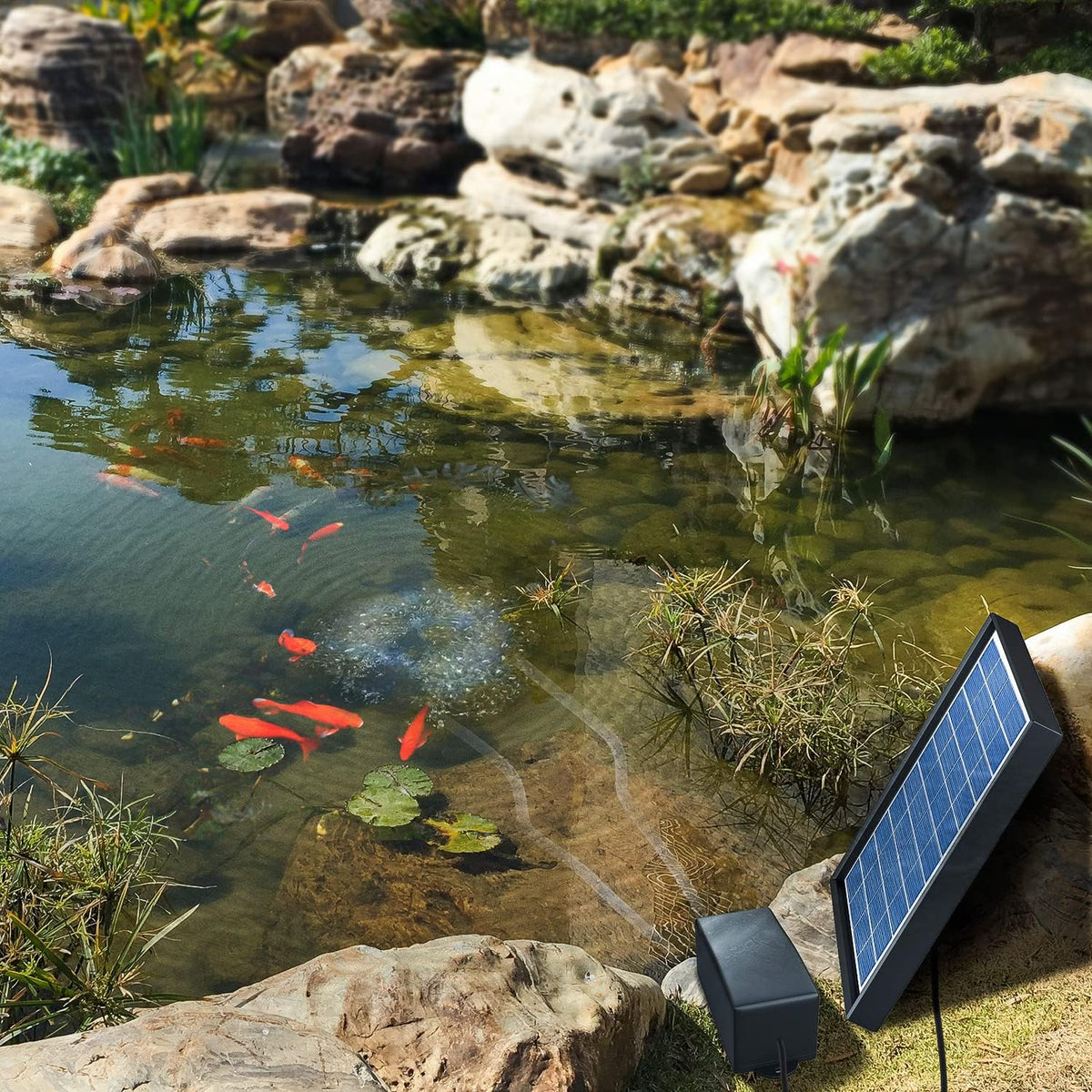Solar Air Pump Aerator for Fish Pond, 6W, 10 ft Cable, 8.2 ft Hose, 13 GPH, 2 Bubble Stones, 7.1 x 11 in Solar Panel B3192