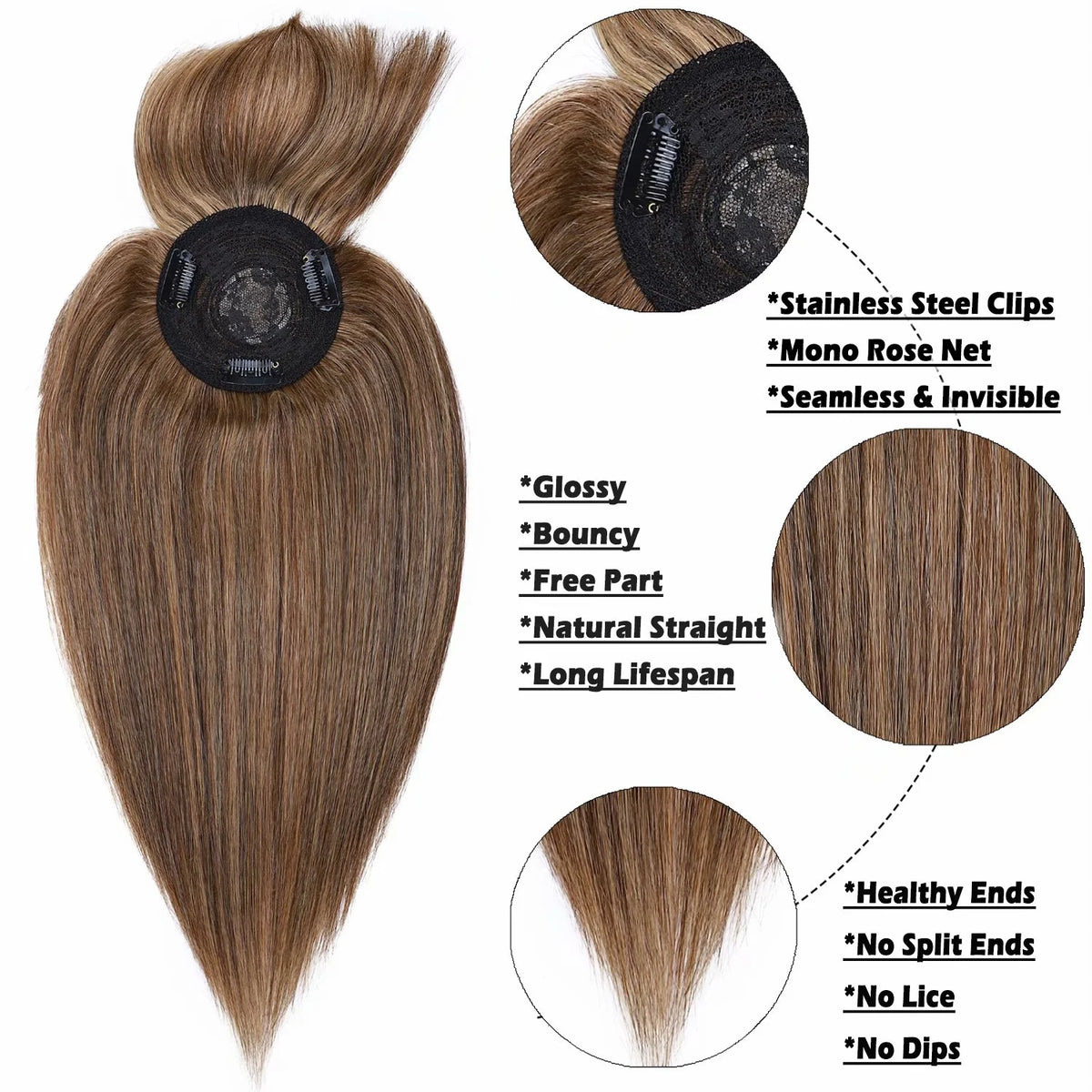 Clip In Human Remy Hair Topper Hairpiece With Bang Mono Base Y200