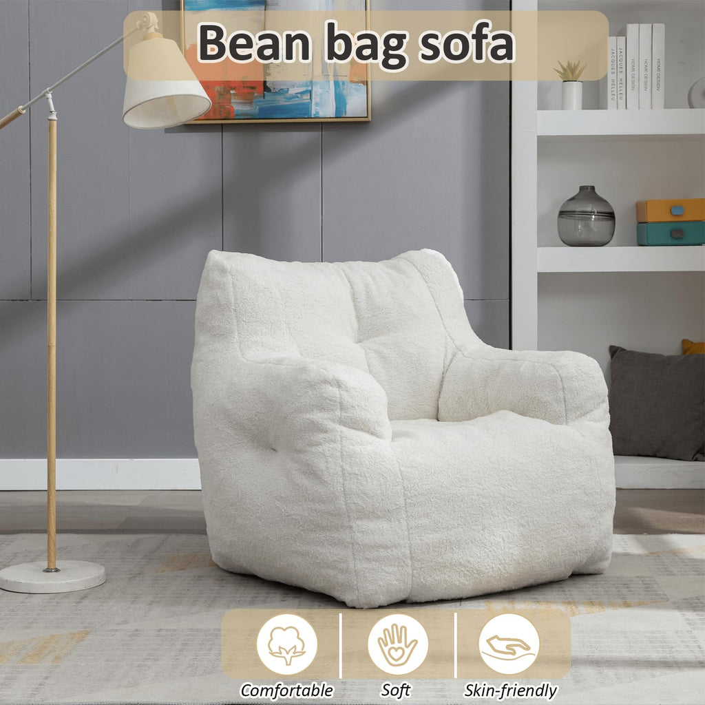 White Tufted Teddy Fabric Bean Bag Sofa with Armrest N38055