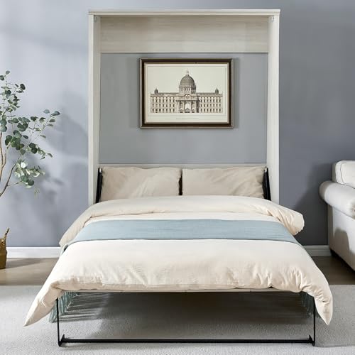 Rustic White Queen Size Solid Wood Murphy Bed V8029