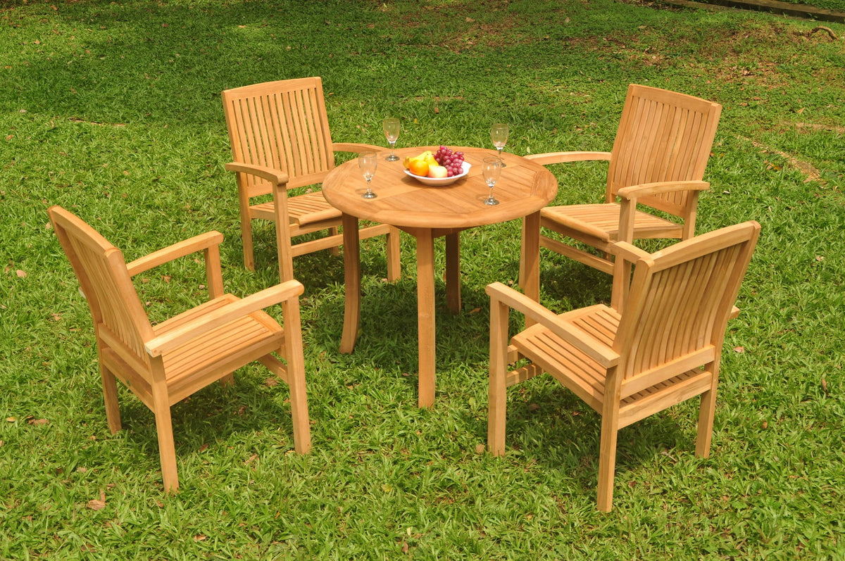 Grade-A Teak 5 Pc Dining Set with 36" Round Table and 4 Stacking Arm Chairs E66070