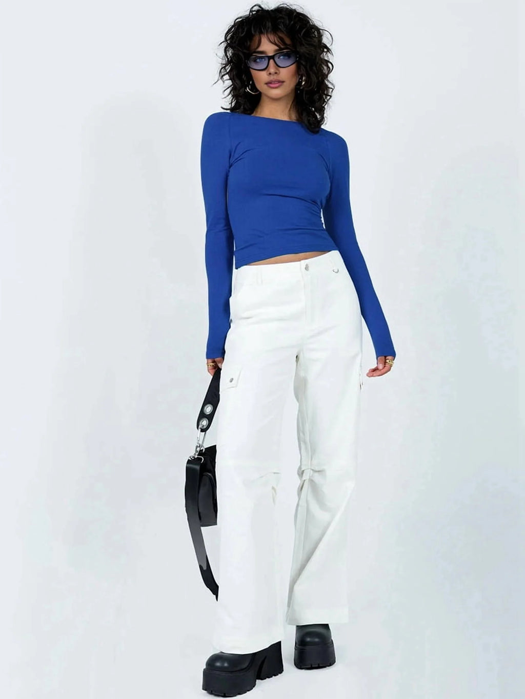 Royal Blue Open Back Long Sleeve Crop Top T-Shirt C93512