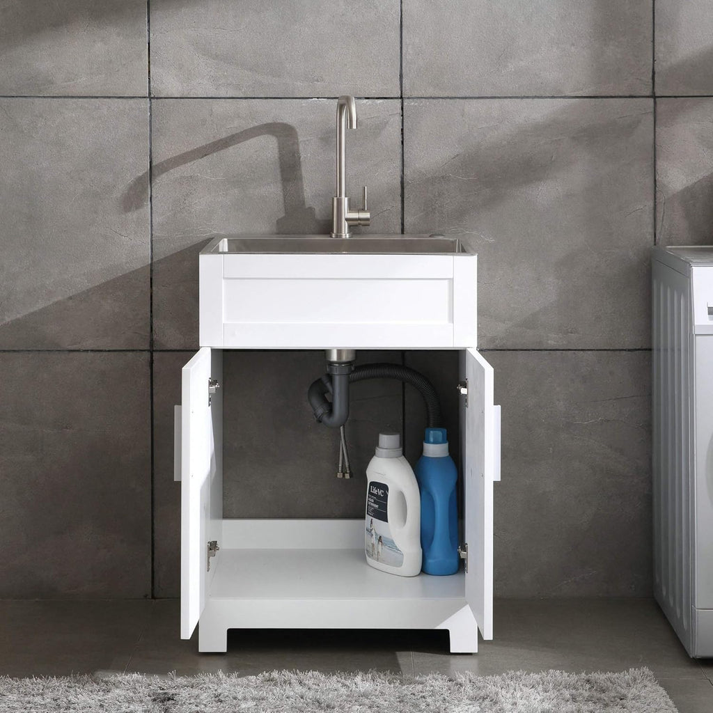 White Laundry Utility Cabinet with Stainless Steel Sink and Faucet J8795