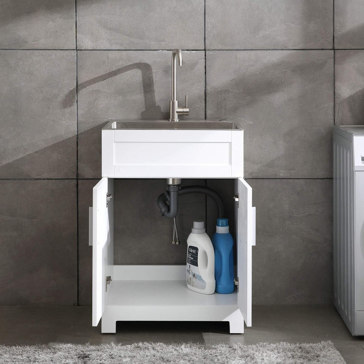 White Laundry Utility Cabinet with Stainless Steel Sink and Faucet J8795