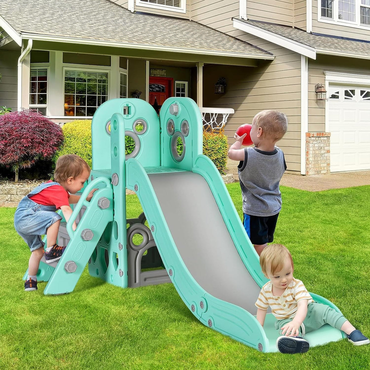4 in 1 Toddler Slide and Climber Playset with Basketball Hoop E1471