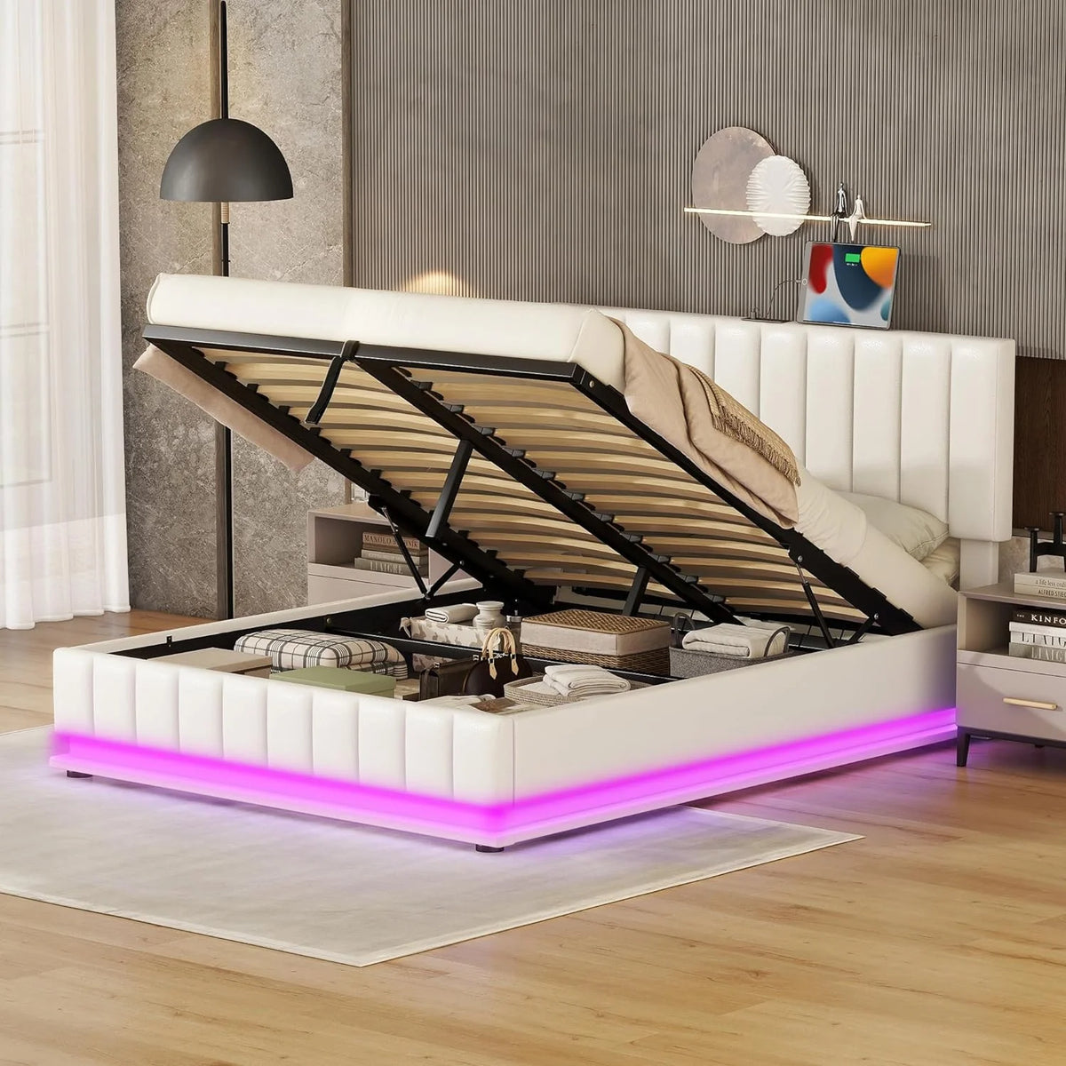White PU Leather Queen Lift Up Storage Bed Frame with LED Light E805