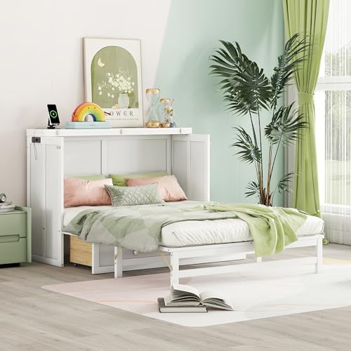 White Full Size Murphy Bed with Charging Station and Drawers G44395